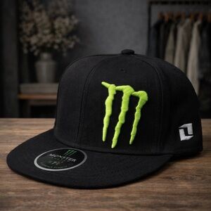 Monster Energy Black Flat Brim Fitted  Hat Neon Green Logo 7 1/8 NEW